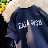 型于格纯棉短袖t恤男士2025夏季潮牌美式复古印花上衣宽松大码半袖男装 DX00藏青色 XL 建议(125-140斤)