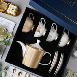 弥生时代「蓝调都市」骨瓷咖啡杯礼盒欧式茶具英式下午茶套装 金壶+无限x简约x方格x蓝丝