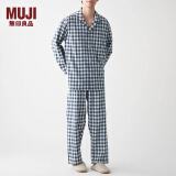 无印良品 MUJI 男式 无侧缝双层纱织 睡衣 男士家居服套装 纯棉全棉 藏青色格纹 L-XL