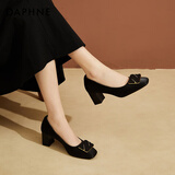 达芙妮方头粗跟高跟鞋女舒适浅口优雅时装鞋增高通勤女单鞋 黑色 34