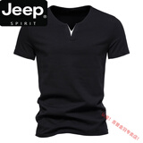 JEEP SPIRIT夏季男士欧美简约假两件V领短袖T恤青年纯棉潮流个性修身纯色T恤 黑色 L (115斤-130斤)