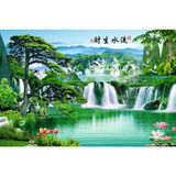 流水生财山水风景画唯美意境客厅招财装饰挂画迎客松瀑布背景壁画 A32PP胶—背面带胶 40*60厘米