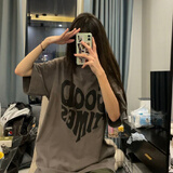 萨姆依 心形字母设计感小短袖t恤女夏季2021年新款宽松ins潮牌原宿风oversize学生半袖上衣 驼色 XL