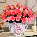 绿秀欧式仿真假花客厅摆件餐桌花电视柜摆设茶几台盆栽装饰花塑料插花 带须玫瑰玫+B花瓶 (含瓶一套)