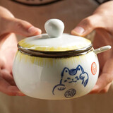 和风四季釉下彩调味罐复古盐罐油罐厨房调料罐调料盒陶瓷辣椒罐猪油罐炖盅 黄色招财猫大号调味罐550ml配勺
