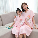 映季纯棉纱布浴袍式浴巾女士可穿浴裙宝宝儿童母亲子洗澡裹巾浴衣睡袍 花花兔 小童身高尺寸110-130cm
