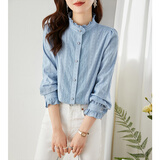 梵希蔓木耳边立领衬衫女2024年早春新款重工刺绣荷叶边上衣高级感 V7990 蓝色 S