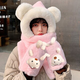 浩冠 小熊帽子女冬季可爱百搭毛线帽保暖毛绒帽围巾一体三件套秋冬天 浅粉色 均码