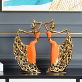 格熙伦欧式摆件地台轻奢电视柜高档酒柜装饰品陶瓷客厅90后现代简约陶瓷人物家居工艺品网红女装直播间道具 孔雀舞者（橙金）