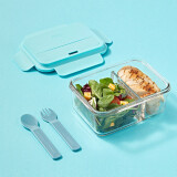 Glasslock 进口保鲜盒微波炉饭盒耐热玻璃分隔便当盒配叉勺餐具1000ml 蓝色