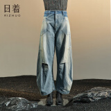 日着（rizhuo）设计感女装2024年春季新款高腰复古宽松磨破全棉工装牛仔裤子 尘蓝 九分版 S