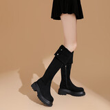达芙妮秋冬过膝长靴小个子显瘦女靴弹力可折叠两穿女靴高筒靴 黑色 36