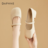 达芙妮单鞋女牛皮法式玛丽珍小皮鞋百搭粗跟女鞋子4024101489 米色 37