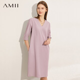 AMII女装2026极简时尚通勤chic感V领H型连衣裙夏季新款宽松中 灰紫 2XL 175/96A