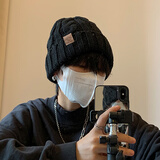 目丸帽子男士秋冬季毛线帽加绒保暖百搭冷帽宽松大头围显脸小针织帽男 黑色小标【加绒加厚】