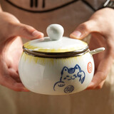 和风四季釉下彩调味罐复古盐罐油罐厨房调料罐调料盒陶瓷辣椒罐猪油罐炖盅 招财猫黄色小号调味罐300ml配勺