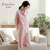 康妮雅（Conlia）睡衣女春秋季纯棉双层纱女士家居服长袖经典格子休闲套装可外穿 粉白格（春秋薄款） M