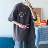 百鹊亭短袖男纯棉宽松ins港风圆领超火卡通t恤情侣装潮牌五分袖t恤夏季男生潮流笑脸印花短袖打底衫 暗灰色 XXL