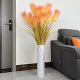 荣弘发网红芦苇草仿真花摆件大束落地花瓶插花客厅装饰高枝假花摆放花艺 5头芦苇花橙黄色2支+竖纹花瓶