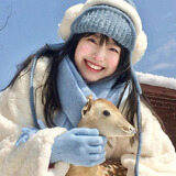 目丸纯色针织冬天女触屏防风加绒保暖防寒毛线手套女分指冬季蓝色手套 蓝色【露指触屏手套】