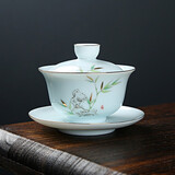 九楼阁 景德镇陶瓷小号天青釉陶瓷盖碗茶杯三才碗功夫茶具 竹秀石清 泡沫安全包装
