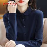 LOVER RUCCI法国长袖t恤女丝光棉2025秋冬新款Polo领上衣纯棉长袖开衫女 藏青色 XL