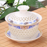 楚歌质优品青花瓷发财鱼盖碗茶杯茶碗陶瓷泡茶杯功夫茶具敬茶碗单个 盖碗中号-玲珑田园玫瑰