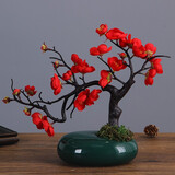 爱泽宝 中式仿真梅花枝腊梅假花干花桌面摆设家居客厅玄关装饰花花艺摆件小盆栽盆景禅意摆设 大红梅花1支+绿花瓶