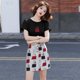 法萝迪半身裙女春夏装新款短裙中长款A字裙百褶裙时尚套装裙B551 黑色套装 M