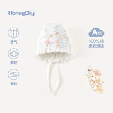 哈尼天空初生宝宝春季纯棉花边帽婴儿春秋款护囟门帽子新生儿胎帽 花园蓝 M（适合头围42cm以内）