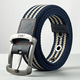 JWKE帆布腰带男针扣休闲皮带潮年轻人百搭学生牛仔裤带女户外军训运动 黄蓝三条纹 110cm （建议体重131-165斤）