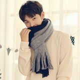 目丸新款日系围巾男冬季学生毛线百搭围脖女加厚纯色针织生日礼物ins 拼色黑灰