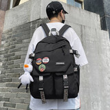 小憨象 书包男韩版高中大容量百搭双肩包女小学生时尚潮流ins风情侣背包 黑色【小鸭子+3个徽章】