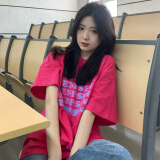 萨姆依    甜酷女孩穿搭火龙果色短袖t恤女2021年夏季新款宽松韩版学生设计感小众半袖上衣ins潮 玫红色 2XL