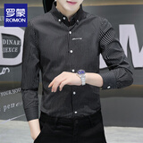 罗蒙 长袖衬衫男春秋季款男士长袖衬衣男商务休闲条纹衬衫上衣服男装 TW03黑色 L