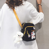 布兰奴韩国ins可爱软妹布包包女日系七夕潮古着感学生单肩斜挎手机包 黑色（带小白熊挂件）