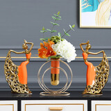 格熙伦欧式摆件地台轻奢电视柜高档酒柜装饰品陶瓷客厅90后现代简约陶瓷人物家居工艺品网红女装直播间道具 孔雀舞者（橙金）+双环橙瓶白绣球花束