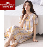 俞兆林梭织棉纱布睡裙女夏季纯棉短袖薄款夏天长款睡衣裙全棉夏款连衣裙 02202柚黄 L