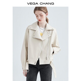 VEGA CHANG机车皮衣女春季西装领BF风帅气pu皮夹克短外套ins潮 米杏色 S