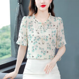 怡曼芙雪纺衫女短袖碎花2025夏装新款宽松显瘦遮肚女士小衫减龄洋气上衣 蓝色 4XL -建议145-160斤