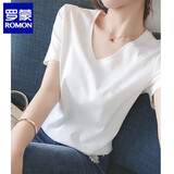 罗蒙（ROMON）品牌丝光棉短袖t恤女夏季新款女装纯棉宽松V领上衣鸡心领体恤 高端品牌白色V+高档品牌 M