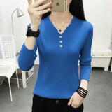 玖卡依针织衫女v领新款秋冬长袖打底衫女韩版修身显瘦纯色毛衣内搭上衣 蓝色 XL 建议115-130斤