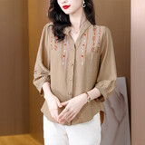 法萝迪（FA LUO DI）衬衫女长袖春秋季新款棉麻女装大尺码宽松遮肚子刺绣女士衬衣 卡其色 XL