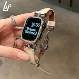 适用apple watch表带s11/s10真皮复古凯旋门女iwatchs9苹果手表87 【双面真皮】米白色+钻壳 适用iwatch s11/S10【42mm】表带