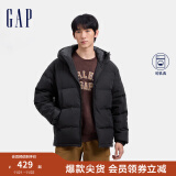 Gap男装2024秋冬新款徽章logo抽绳立领连帽羽绒服纯色外套677652 黑色 165/88A(S) 亚洲尺码