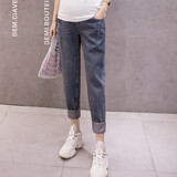 米度丽孕妇裤外穿春秋款牛仔裤透气可调节长裤孕妈装老爹裤春夏 简约款-深蓝色 M码【推荐：80-110斤】