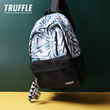 TRUFFLE潮牌书包男休闲撞色印花女嘻哈旅行双肩包背包学生潮流街头涂鸦 TF-拼黑几何冰蓝+方块游戏挂件