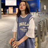 与欣女生衣服短袖女T恤女宽松韩版少女学生少女初中生高中生女装港风篮球服假两件原宿风半袖火上衣 蓝色 均码