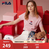 斐乐（FILA）官方女士短袖T恤2024夏印花运动女装针织短袖套头衫小熊T刺绣上衣 麦町粉-PK 155/76A/XS