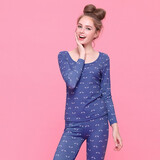 爱帝【棉柔亲肤】女士保暖内衣文艺淑女印花清新保暖衣秋衣秋裤套装 511深蓝 L（165/115斤）